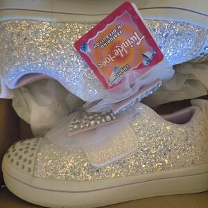 Skechers Girls Light Up Glitter Sneakers with Tulle and Rhinestones